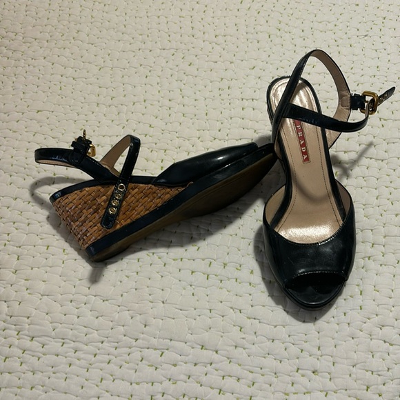 Prada black patent peep toe wedge. 37.5 - Picture 1 of 5